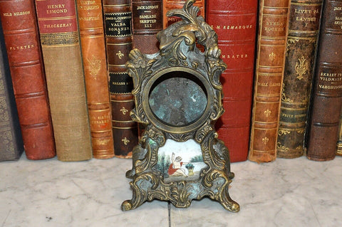 Antique German Small Clock Case Heavy Brass French Style Cherub Porcelain Insert