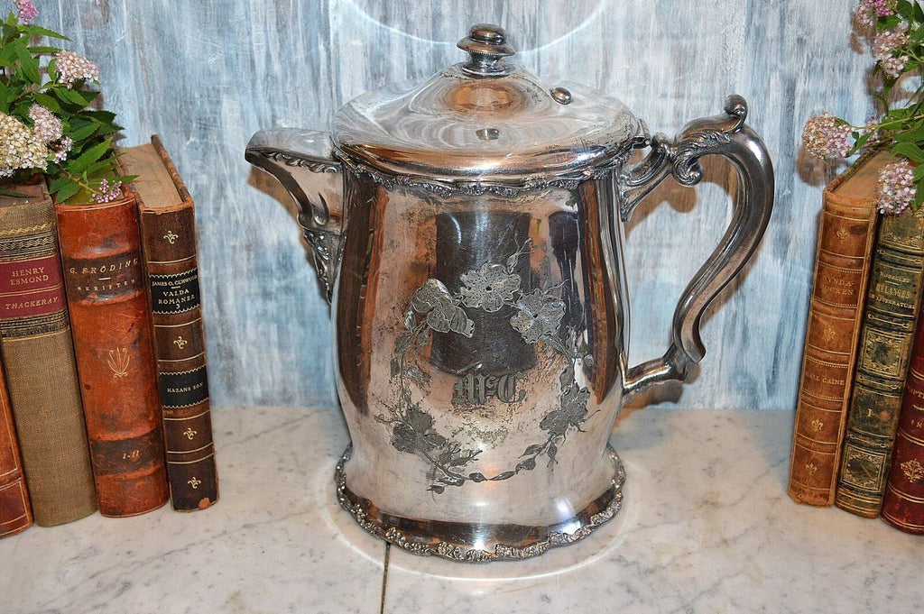Antique F B Rogers Water Pitcher Quadruple Silver Plate Large Ceramic Lined