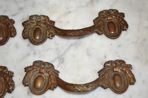 Antique Set of 4 French Bronze Small Drawer Pulls Handles Bow Ribbon Medallion