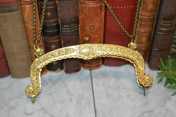 Antique French Gilt Brass Purse Frame Chain Jewel Cabochons Figural Cherub As Is