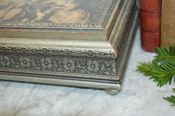 Antique Jewelry Dresser Box Interior Mirror Silver Wood Romantic Pastoral Scene