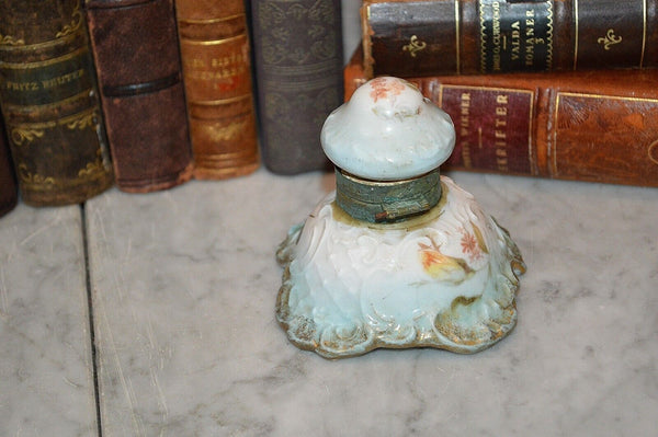 Antique French Porcelain Inkwell Pale Blue Floral Gilt