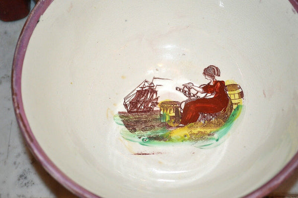 Rare Antique Sunderland Pink Lustre Bowl Mariner's Ode Poem Sailor's Wife Ship