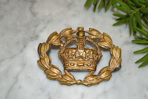 Antique British Brass Military Officer Army Badge Kings Crown Laurel Wreath