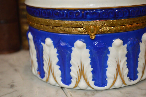 Antique German Porcelain Blue White Roses Jewelry Dresser Box Bronze