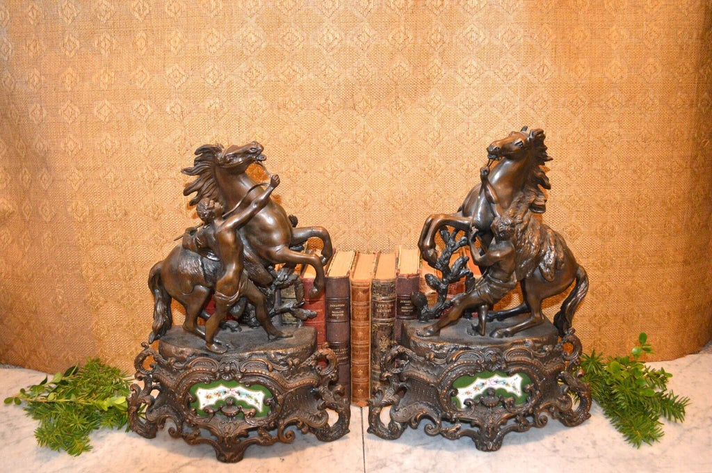 Antique Pair of French Marly Horses Spelter Porcelain Insets Guillaume Coustou