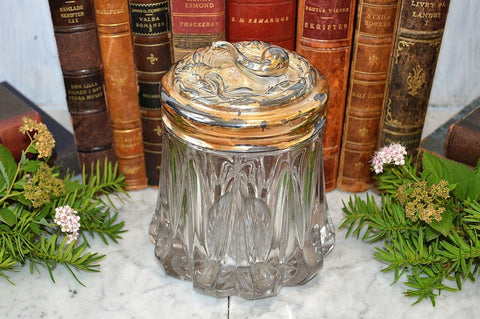 Antique Art Nouveau Tobacco Jar Figural Pipe On Lid Cut Glass Apollo Silver Co