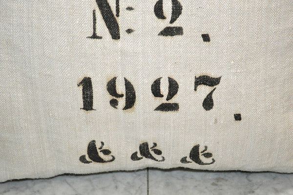 Antique European German Grain Sack Pillow Natural Gothic Letters L G 1927 No. 2