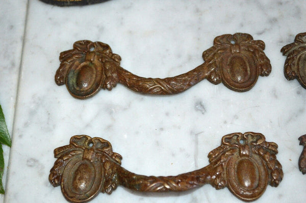 Antique Set of 4 French Bronze Small Drawer Pulls Handles Bow Ribbon Medallion
