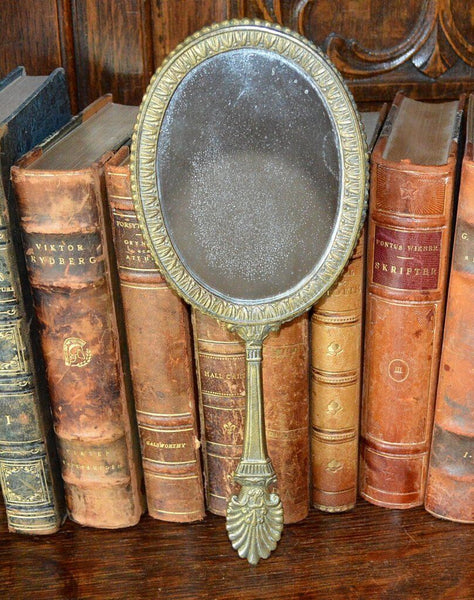 Antique French Bronze Hand Mirror Vanity Mirror Shell Motif