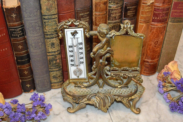 Antique Brass Cherub Desk Thermometer Frame Set Stand R Hoehn Co 24kt Goldplate
