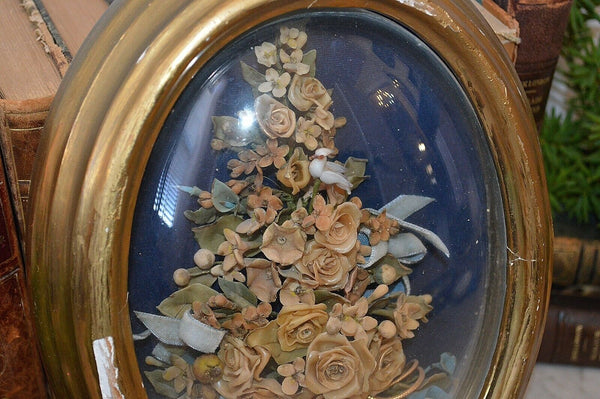 Antique French Floral Wax Bouquet Bird Gilt Frame Convex Glass Wedding