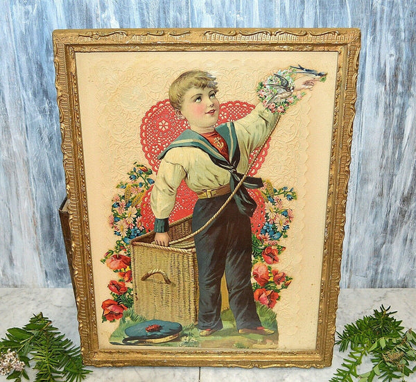 Antique Victorian Gilt Framed Large Die Cuts Sailor Boy Birds Scrap Book Art