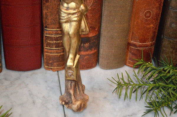 Antique German Deer Antler Crucifix Cross Gilded Metal Jesus Mounted on Antlers