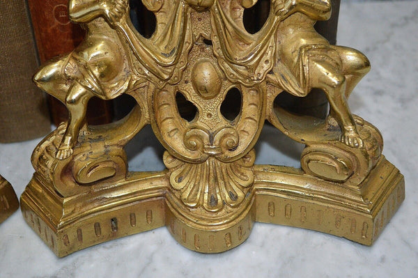 Antique Pair French Brass Andirons Chenets Figural Females Cherubs Satyr Fauns