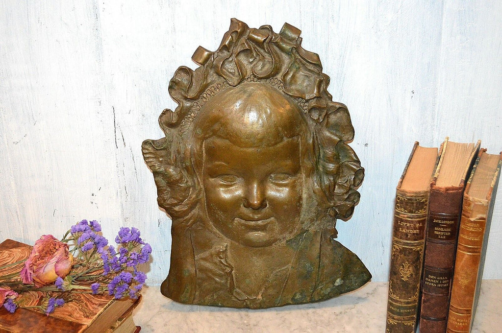 Antique French Large Bronze Cherub Face Head Wall Mount Pediment Figural Plaque