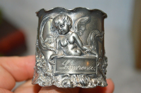 Antique Silver Plated Winged Cherub Art Nouveau Napkin Ring Serviette Monogram