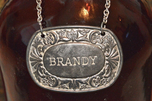 Vintage English Decanter Label Silverplated Brandy Bottle Bar Silver Plate Tag
