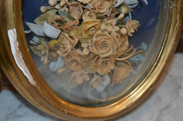 Antique French Floral Wax Bouquet Bird Gilt Frame Convex Glass Wedding