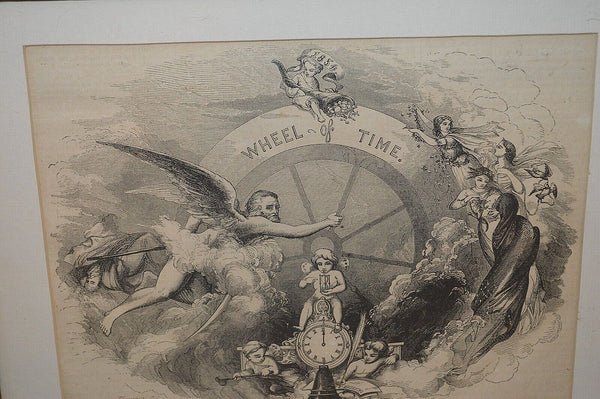 Antique Lithograph Gilded Frame Father Time New New Year Wheel of Time Cherubs