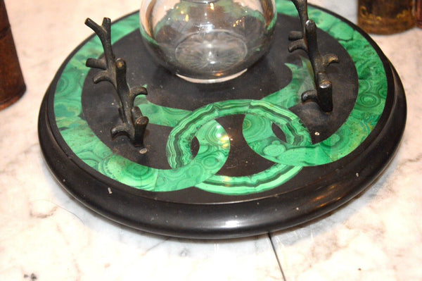 Antique Malachite Black Marble Desk Set Inkwell Pen Stand