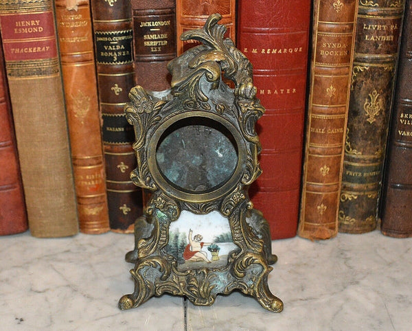 Antique German Small Clock Case Heavy Brass French Style Cherub Porcelain Insert