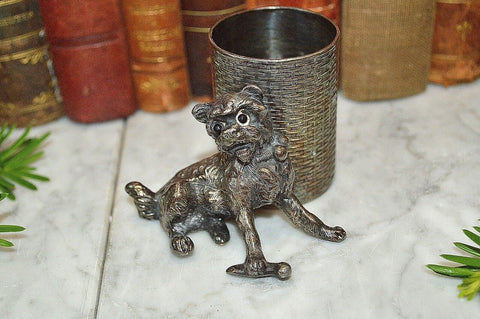 Antique James Tufts Silver Plate Dog With Glass Eyes Match Toothpick Holder 2684