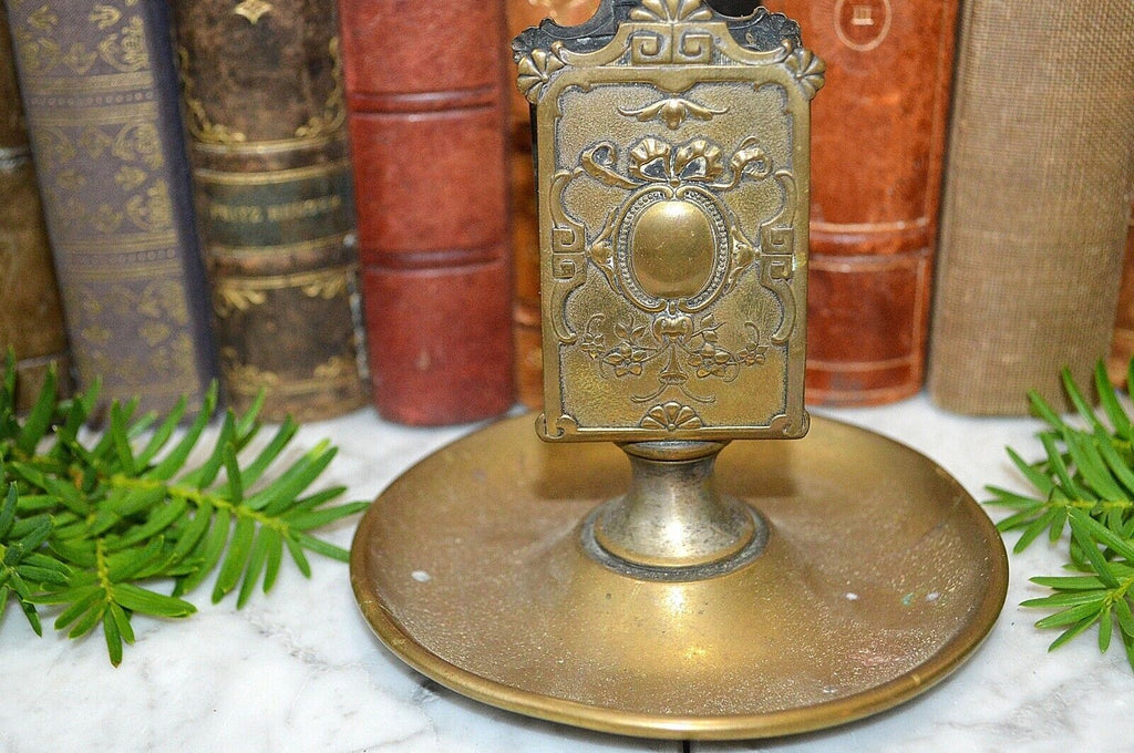 Antique French Gilt Brass Match Box Holder Tray Stand Bow Ribbon Medallion