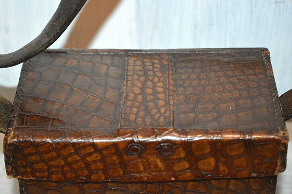 Antique English Embossed Croc Leather Hunting Travel Case Bag  Box With Strap