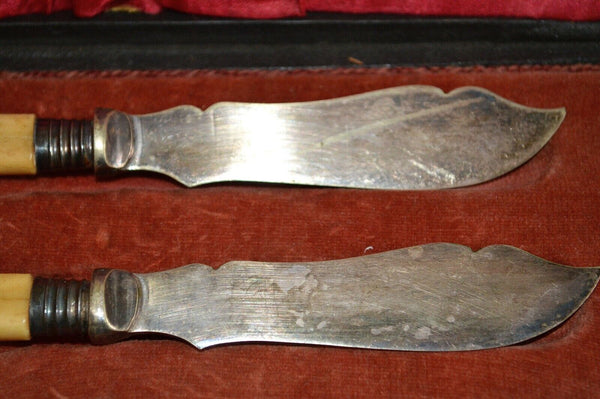 Antique English Victorian Silver Plate Fish Knives Cutlery Boxed Set Bone Handle