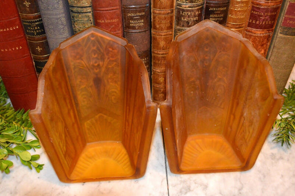 Antique Pair Amber Glass Slip Glass Shades Art Nouveau Sconce Light Fixture