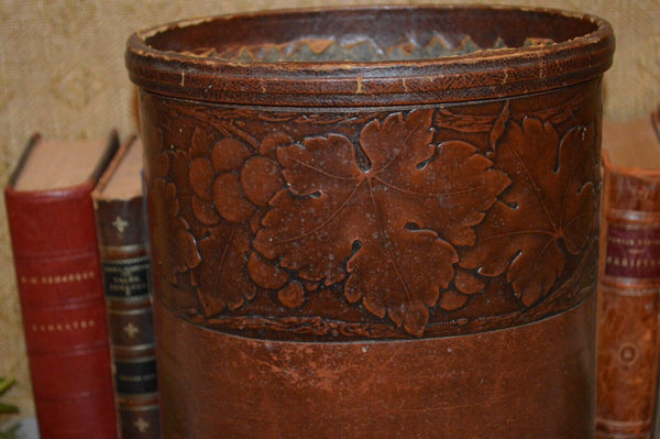 Antique English Embossed Leather Wastebasket Trash Can Arts and Crafts Style