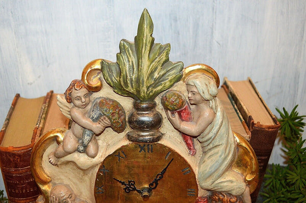 Rare Vintage German Wall Clock Carved Wood Gilt Father Time Cherubs
