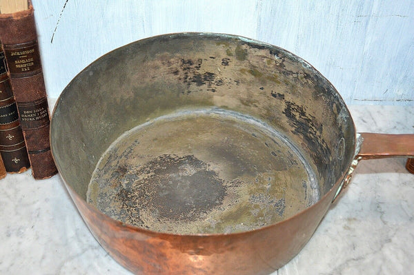 Antique French Copper Tin Large 11" Stock Sauce Pot Pan Kitchen Kettle Cookware