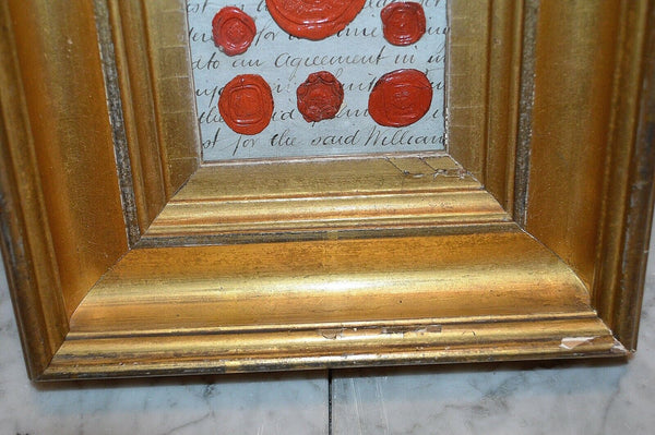 Antique English Gilt Frame Red Wax Seals Intaglios on Indentured Land Agreement