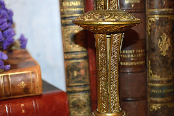 Antique Pair French Gilt Brass Altar Candles Religious Candlesticks