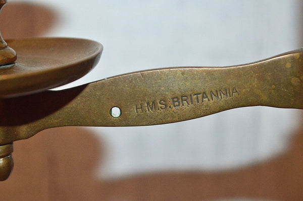 Antique HMS Britannia English Brass & Turned Wood Adjustable Candle Holder