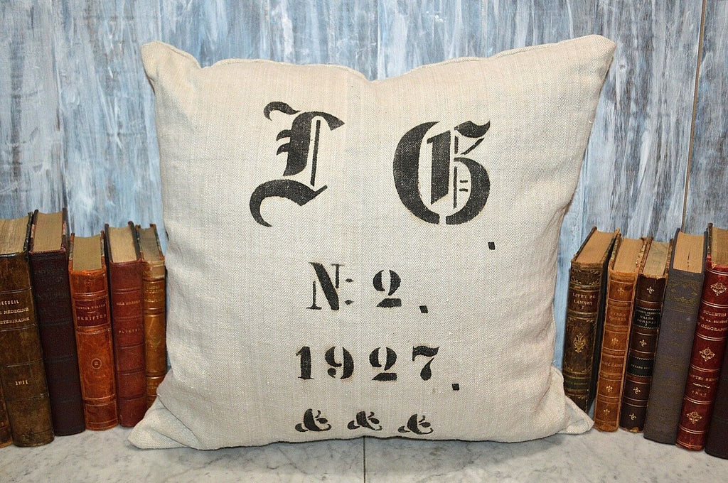 Antique European German Grain Sack Pillow Natural Gothic Letters L G 1927 No. 2