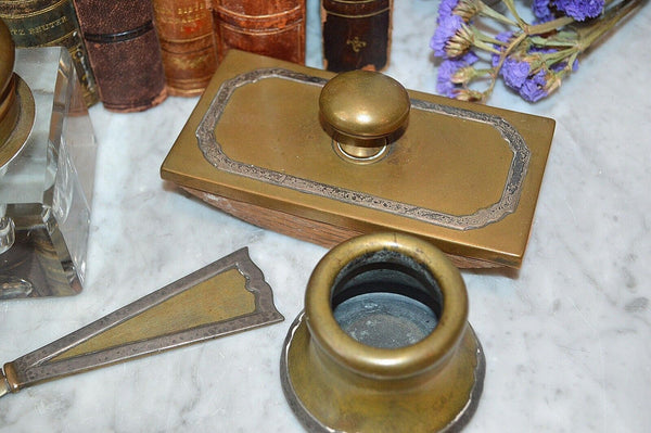 Antique Shreve & Co. 6 Pc Desk Set Sterling Silver Brass Arts & Crafts Inkwell