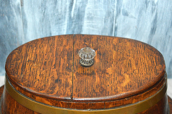 Antique Tea Caddy English Wood Oak Oval Box Brass Banding Glass Knob