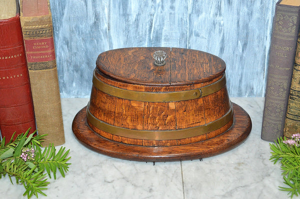 Antique Tea Caddy English Wood Oak Oval Box Brass Banding Glass Knob