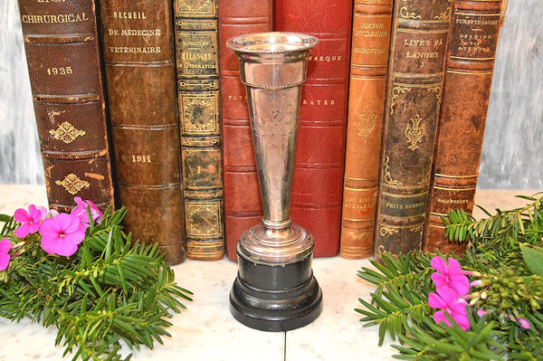 Antique English Trophy Cup Silver Plated Trumpet Vase Floral Engraving