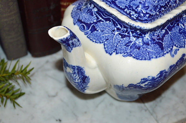 Vintage English Blue Transferware Teapot Mason's Vista with Lid Ironstone