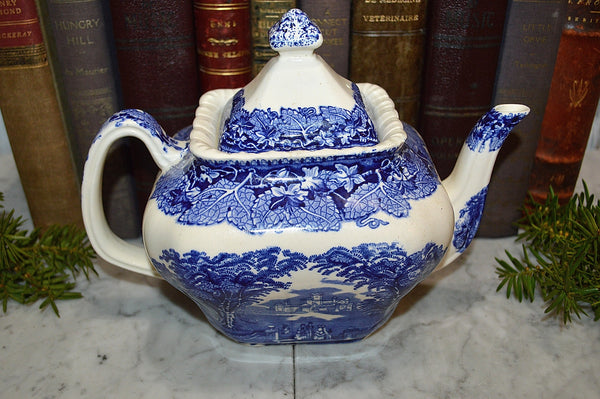 Vintage English Blue Transferware Teapot Mason's Vista with Lid Ironstone