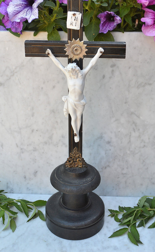 Antique German Turned Wood Crucifix Religious Altar Cross Porcelain Jesus