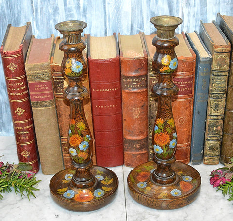 Antique Pair English Turned Wood Candlesticks Oak Candle Holders