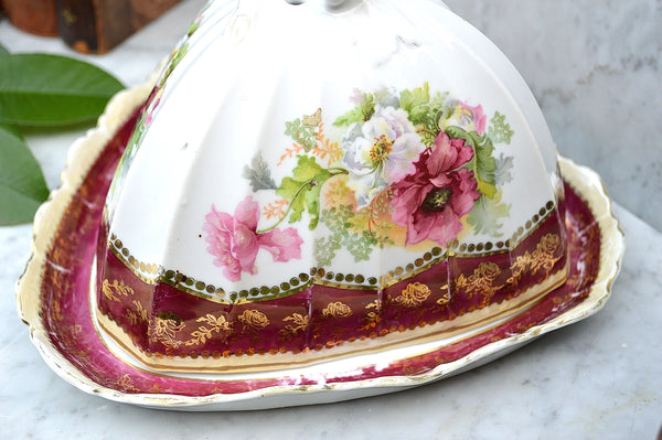 Antique RW Bavaria Covered Cheese Dome Porcelain Floral Transferware
