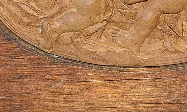 Antique Cherubs Relief Plaque German Stucco Wood Framed Signed