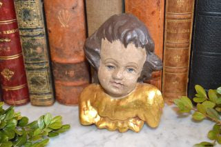 Antique Wood Cherub Head With Wings German Carved Painted Gilded