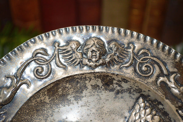 Antique Silver Plated Repousse Knight Cherubs Gargoyles Tray French